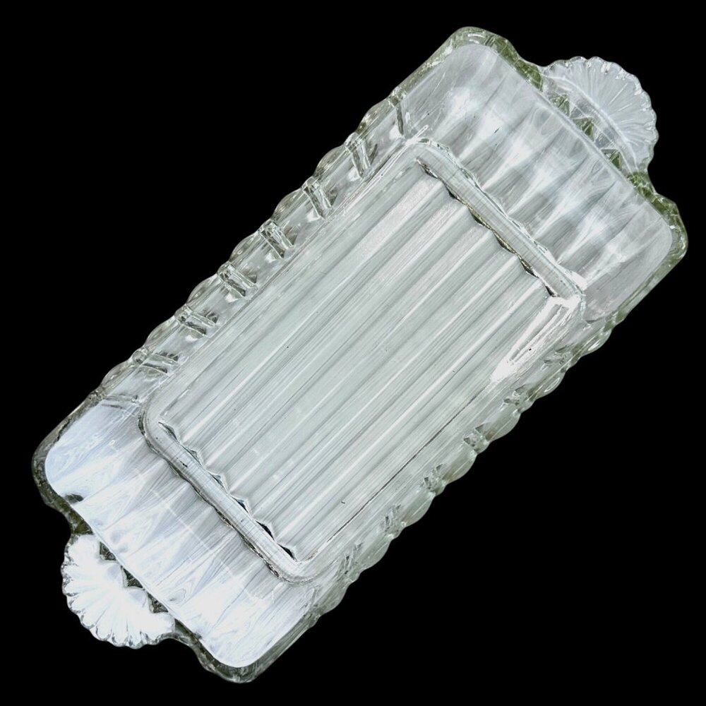 Anchor Hocking Glass A560 Relish Dish Vanity Fan Handles Scalloped Edges USA